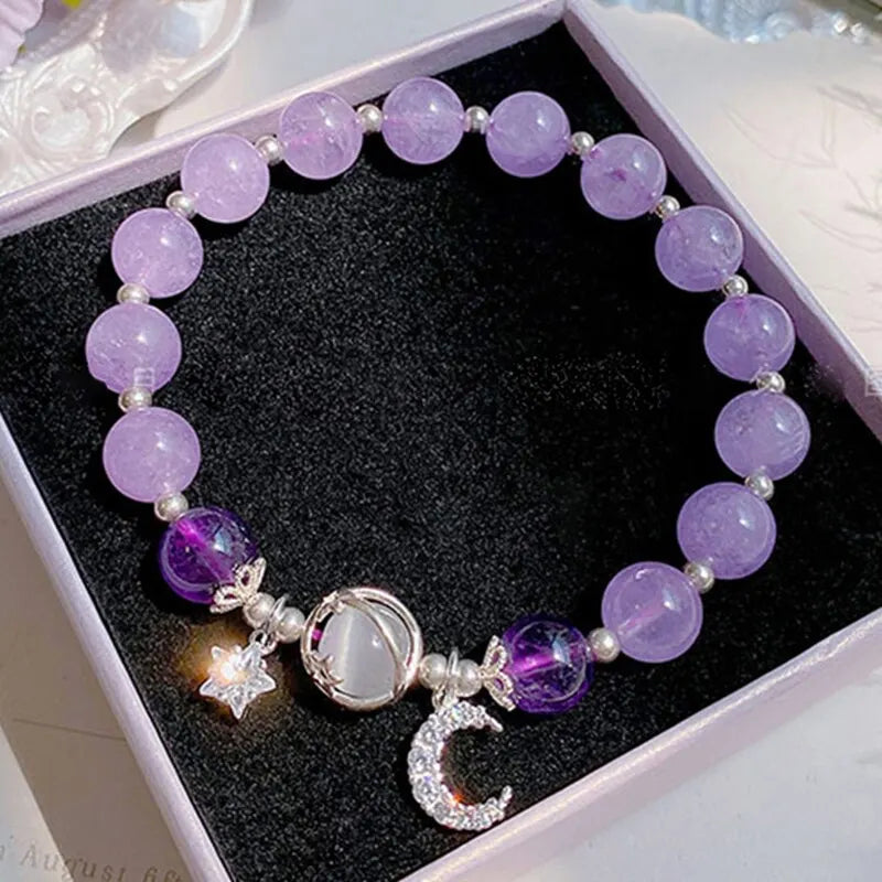 Blue Purple Color Opal Stone Bracelet For Women Girls Shiny Crystal Bracelets Moon Star Pendant Bangles Wristband Jewelry