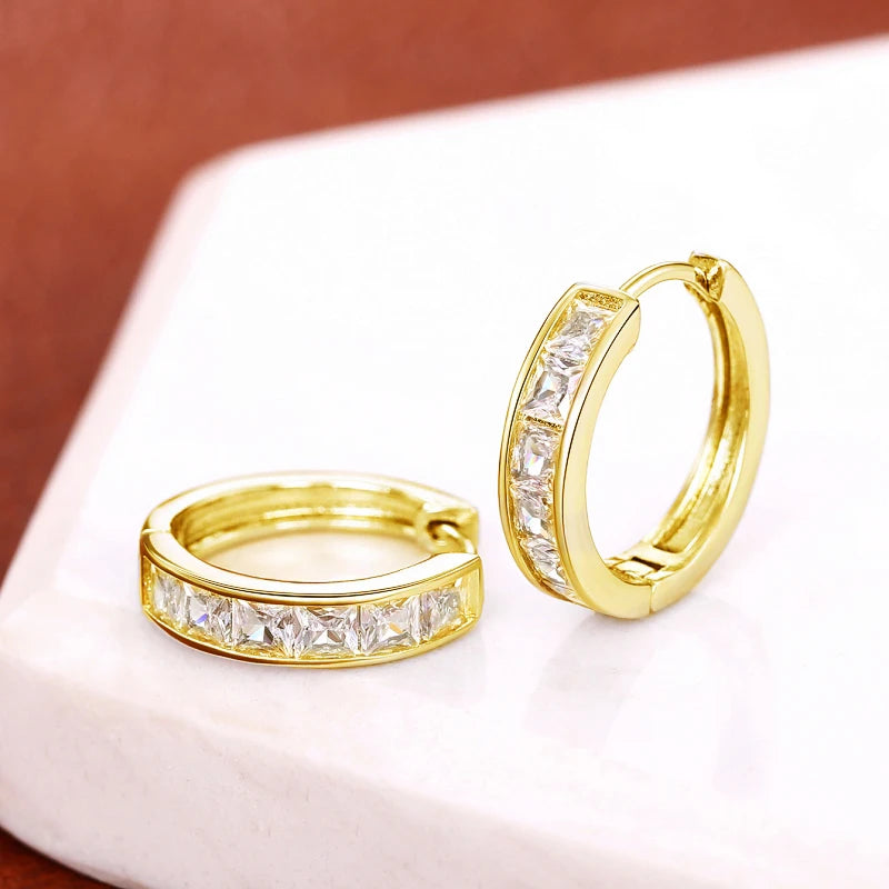 Huitan Classic Design Women Hoop Earrings Full with Princess Square CZ Simple and Elegant Female Accessories Versatile Jewelry