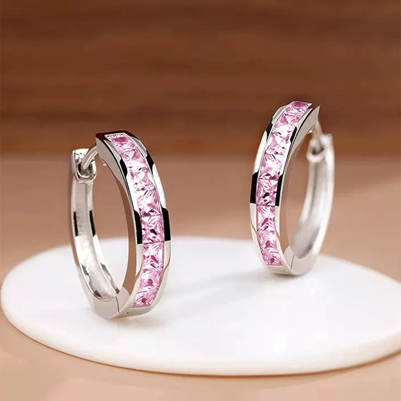 Huitan Classic Design Women Hoop Earrings Full with Princess Square CZ Simple and Elegant Female Accessories Versatile Jewelry